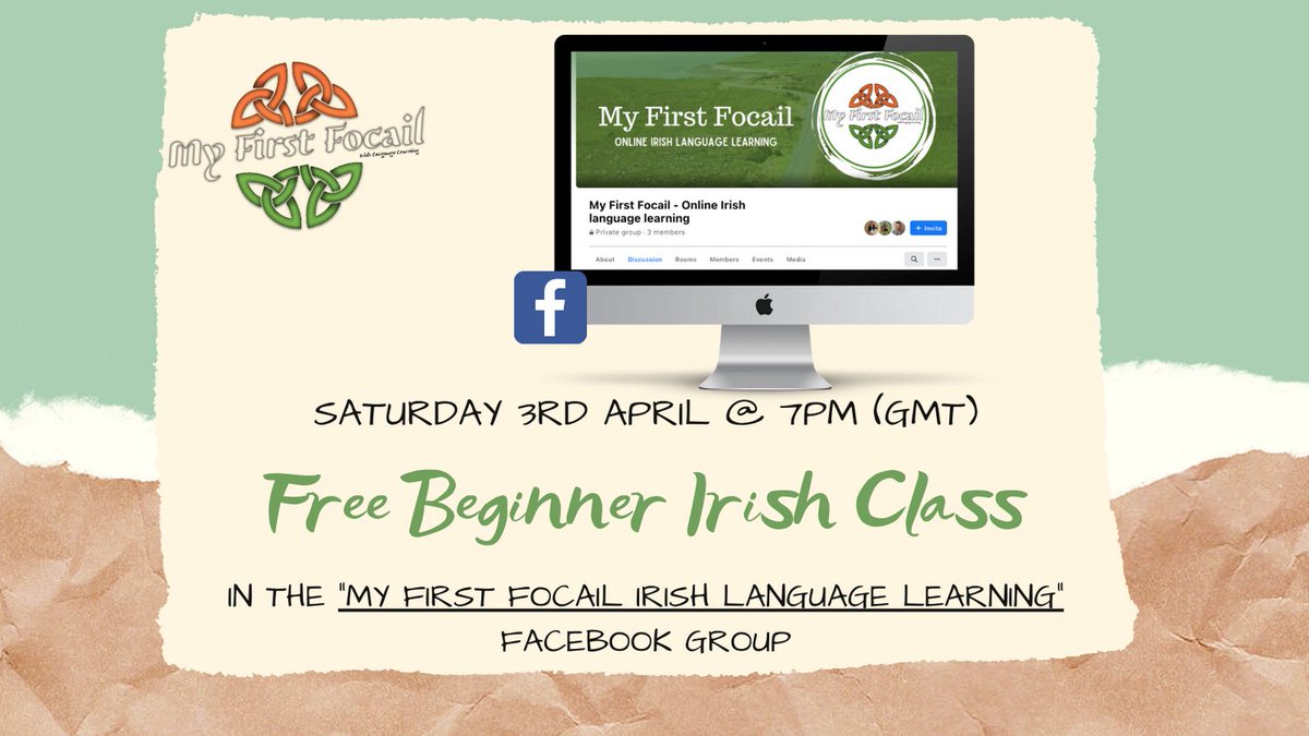 MFocail's tweet photo. Are  you interested starting your Irish Language Learning Journey?
Join us Saturday, 3rd of April @ 7PM (GMT) for a Live Irish Beginner Lesson. 

This will be Live in our Facebook Group (My First Focail - Online Irish Language Learning).
Bígí Linn!😃 https://t.co/Q4CGBn1qvA