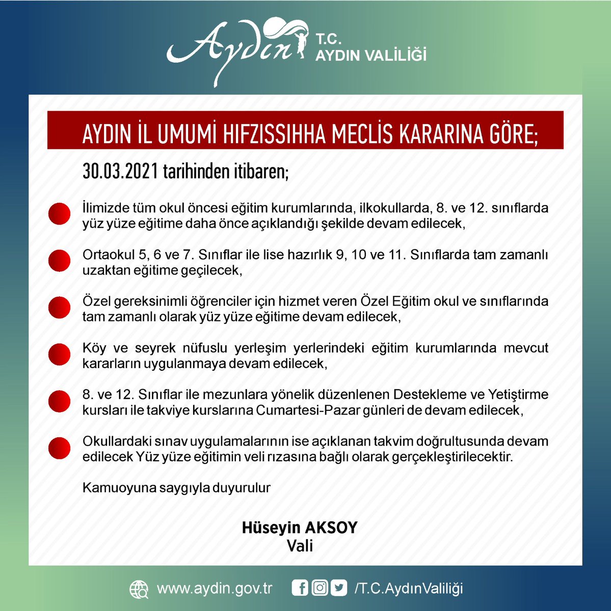 ℹİlimizde eğitim ve öğretim faaliyetleri ile ilgili Aydın İl Umumi Hıfzıssıhha Kurulu tarafından aşağıdaki karar alınmıştır.⬇️