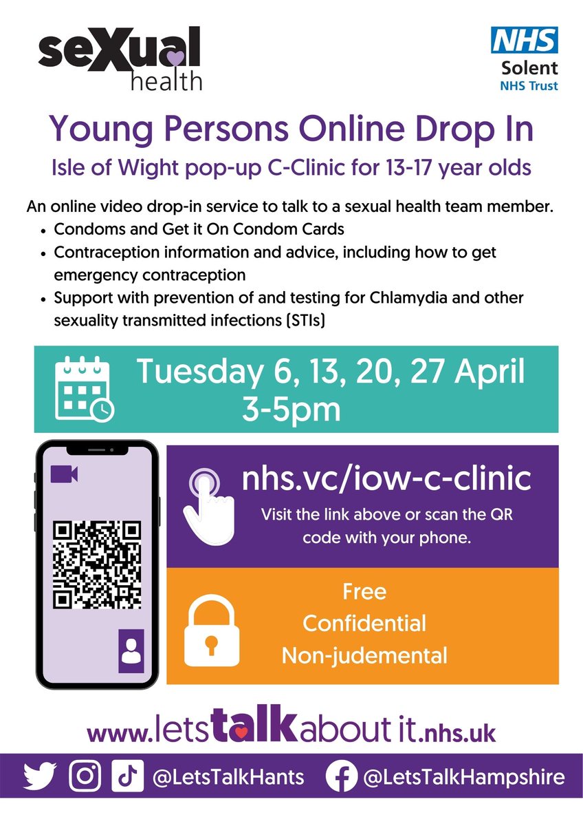 IOWSH's tweet photo. Isle of Wight's Young Person's C-Clinic Video Drop-In. 

👉 Pop-up C-Clinic for 13-17 year olds
🗓️ 6th, 13th, 20th and 27th of April 2021.
🕒 3PM-5PM

🆓Advice and support. 

See below image for joining instructions.
https://t.co/LTi6iQubDz https://t.co/Hz1ZS28R72