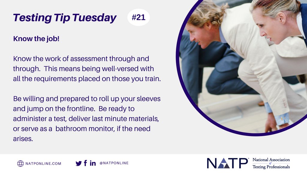 natponline's tweet photo. Happy Tuesday! Testing activities are increasing & so are the challenges. As we continue to work through the pandemic, staff will call in sick & subs will be in short supply. See this week's testing tip & be ready to step in! #knowthejob #allhandsondeck
https://t.co/98lmW4Dmvv https://t.co/gnWLO5epNa