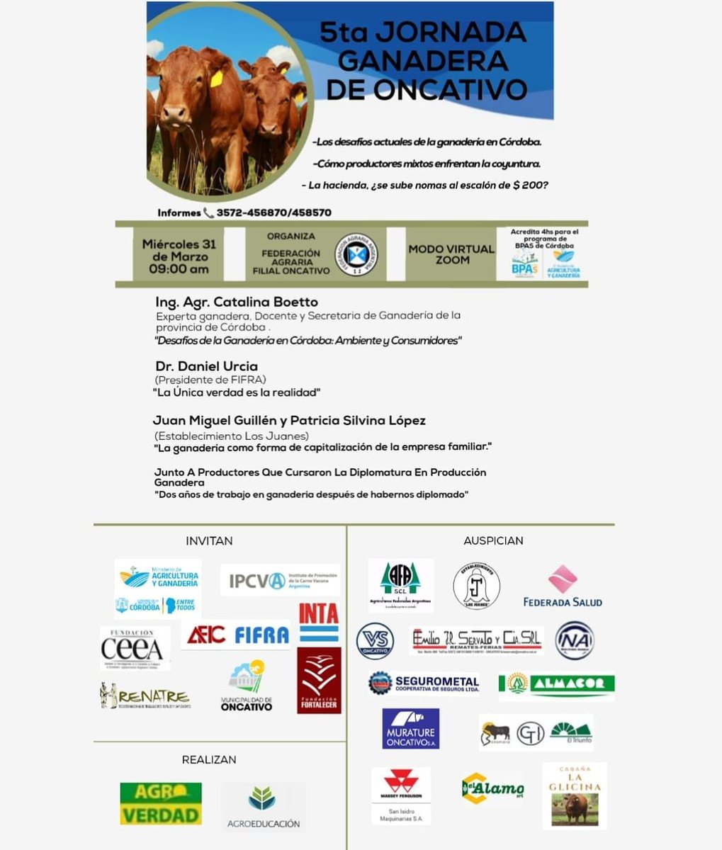 FOncativo's tweet photo. 5ta. JORNADA GANADERA ON LINE
De FEDERACION AGRARIA ARGENTINA - ONCATIVO 
Miércoles 31 de Marzo - 9 horas
Inscripciones Gratuitas 
https://t.co/CqqLiXU38i https://t.co/8HHx4WlvDB