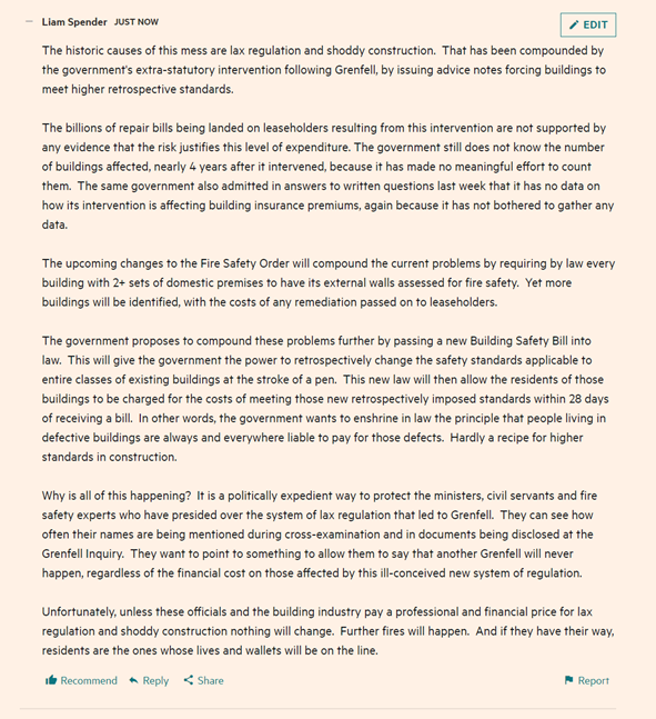 LiamSpender's tweet photo. FT Article (£) (https://t.co/rr6UYISbTs) on cladding and how "everyone just seems to absolve everyone else" Which is why we need an industry levy for the full cost as @LKPleasehold has proposed, not limited to 13% of the bill as government proposes #EndOurCladdingScandal https://t.co/q2Jnuj2FnK