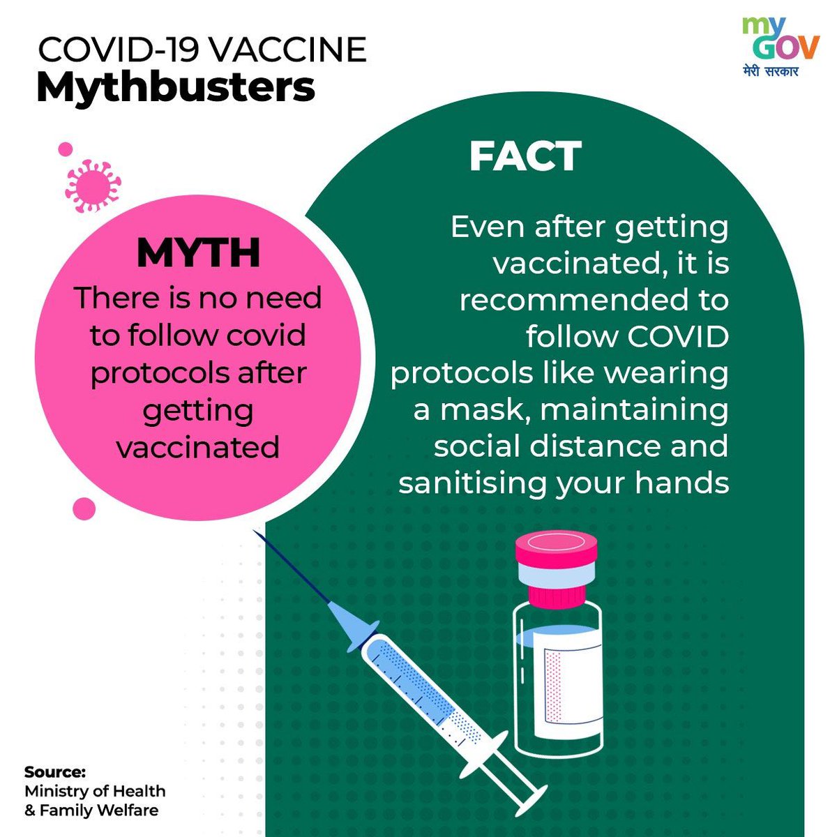 DCBaramulla's tweet photo. Do not let any myth or rumour mislead you! News stating that there is no need to follow COVID protocols after getting vaccinated is FAKE! The pandemic is not over yet! Follow the COVID appropriate to stay safe and protected. #IndiaFightsCorona https://t.co/y9lRgU99mL