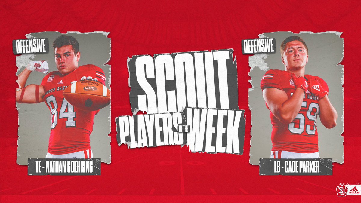 SDCoyotesFB's tweet photo. Week 5 Scout Team Players of the Week 🤟

🔴Defensive Scout POTW: LB, #59 Cade Parker
🔴Offensive Scout POTW: TE, #34 Nathan Goehring

#WeAreSouthDakota | #DevelopCompeteWin https://t.co/rrr3OgNdC8