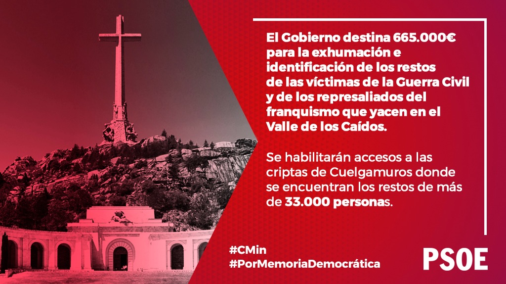En el Valle de los Caídos yacen los restos de más de 33.000 víctimas y represaliados del franquismo, muchos sin el consentimiento de sus familias.
 
Hoy, el Gobierno da un paso más en su compromiso con la memoria.
 
🤲Subvención para iniciar exhumaciones.
 
#PorMemoriaDemocrática