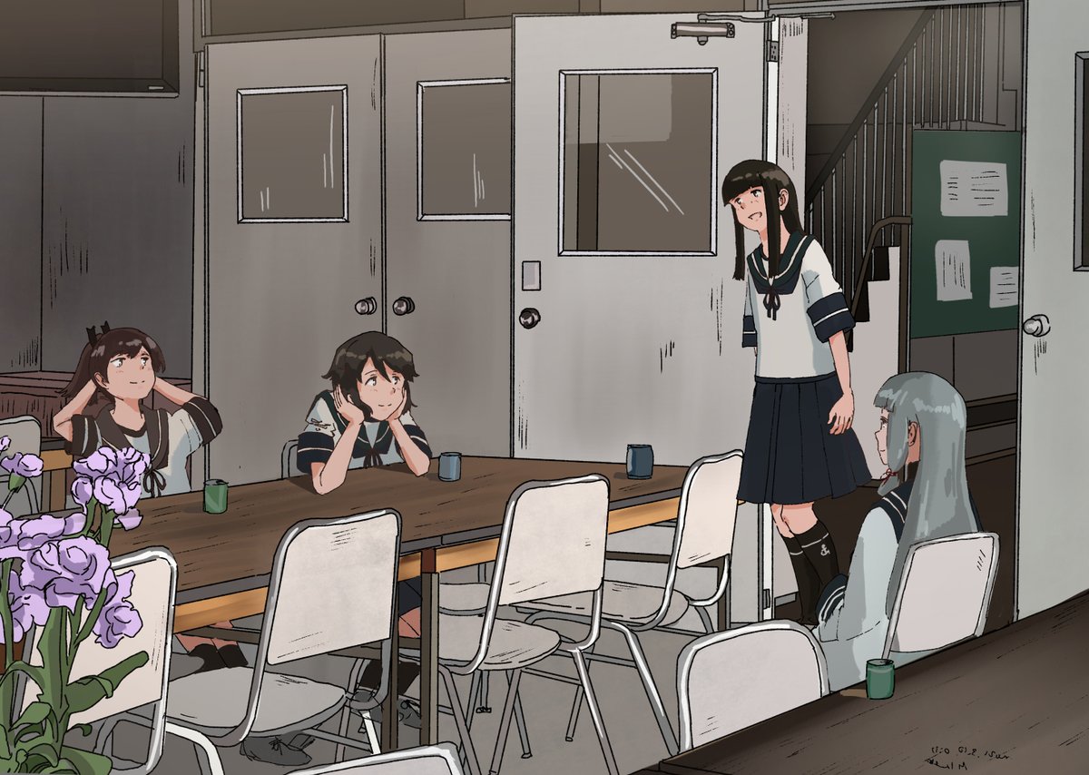 miyuki (kancolle) ,shikinami (kancolle) school uniform blue skirt skirt brown sailor collar multiple girls sailor collar 4girls  illustration images