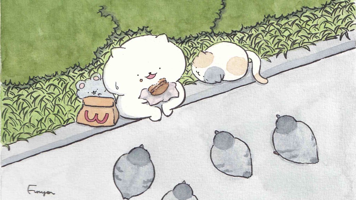 ハンバーガーを狙われるぽんちゃん #イラスト #ほのぼの