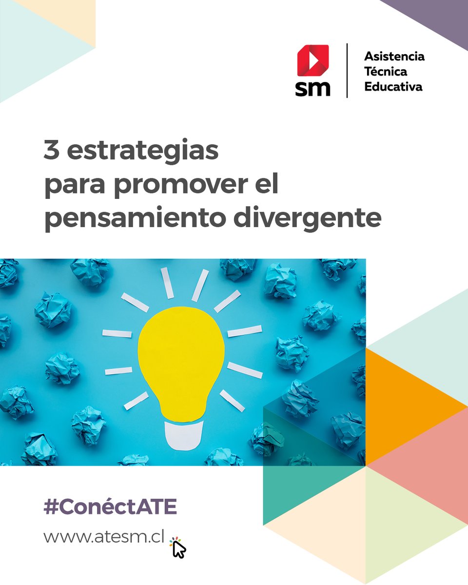 Ediciones_SM's tweet photo. El #PensamientoDivergente “es un proceso de generación de ideas mediante la exploración de muchas posibles soluciones” 💡
¿Cómo podemos ponerlo en práctica con nuestros estudiantes? Te lo contamos en #ConéctATE  ➡️ https://t.co/kL2HFPp4Nc

#Educación #TipsDocentes #ATESM https://t.co/i1S9mLHPTD