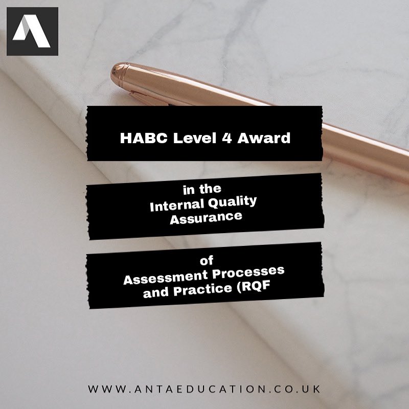 AntaEducation's tweet photo. HABC level 4 in the internal Quality Assurance of Assessment Processes and Practice (RQF)

This qualification is intended for those who maintain and improve the quality of assessment from within an organisation or assessment centre.

https://t.co/GHRrA59hYh https://t.co/i6Hie6HLZj