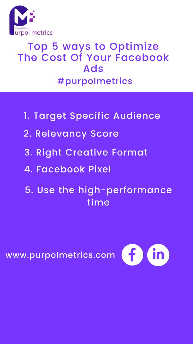 PurpolMetrics's tweet photo. Top 5 ways to Optimize The Cost Of Your Facebook Ads

#purpolmetrics #digitalmarketing #marketing #dailyquotes #thursdaythought

Purpol Metrics https://t.co/B8QqupNxYP