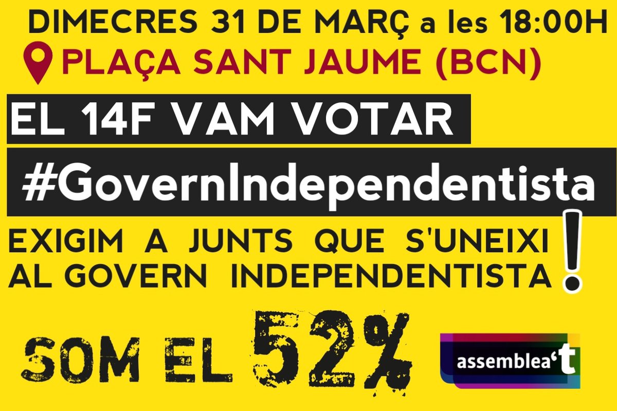 GeriJuny's tweet photo. Demà dimecres 31 de març a les 18:00h a la Plaça Sant Jaume (BCN)! 
#GovernIndependentista
#Unitat
#RepúblicaCatalana https://t.co/YSgrxkHhzT