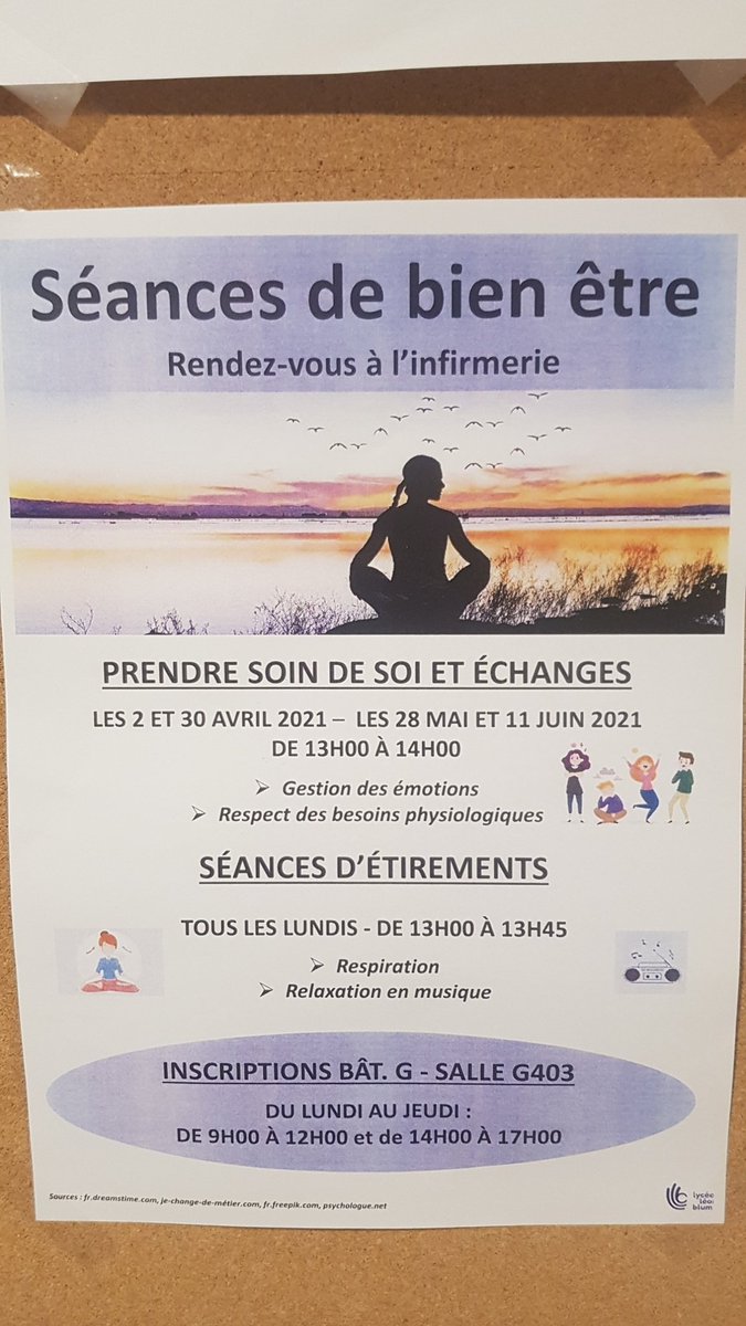 Des séances bien-être au lycée, quoi de mieux?Venez participer aux séances à l'infirmerie .