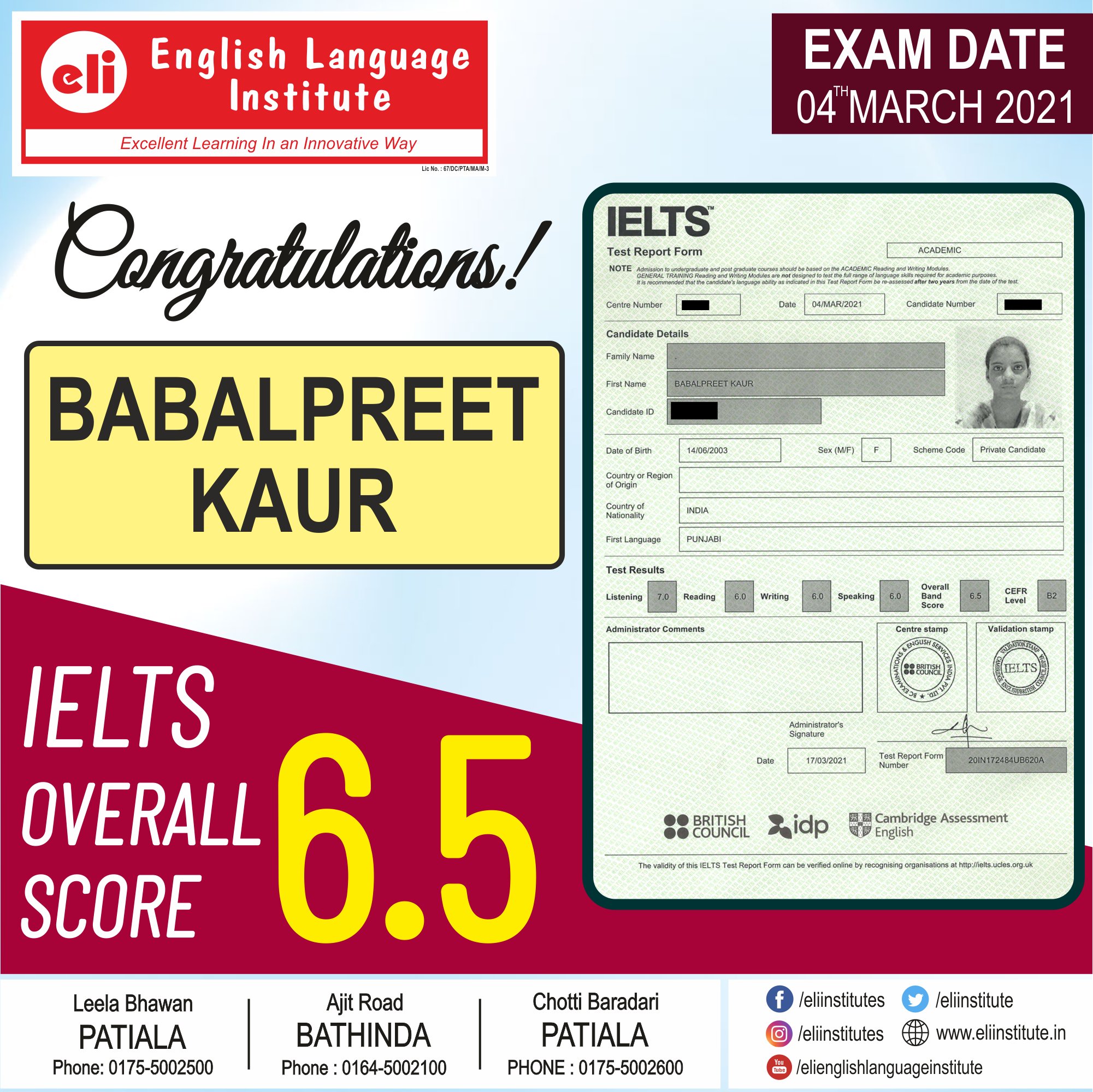 English Language Institute (Eli) on Twitter:  "💥𝐂𝐨𝐧𝐠𝐫𝐚𝐭𝐮𝐥𝐚𝐭𝐢𝐨𝐧𝐬!💥 Babalpreet Kaur for scoring overall 6.5  in IELTS examination. Best of Luck for Bright Future.🏆 Registration Open  for new IELTS batches. Register Today! Contact: ☎