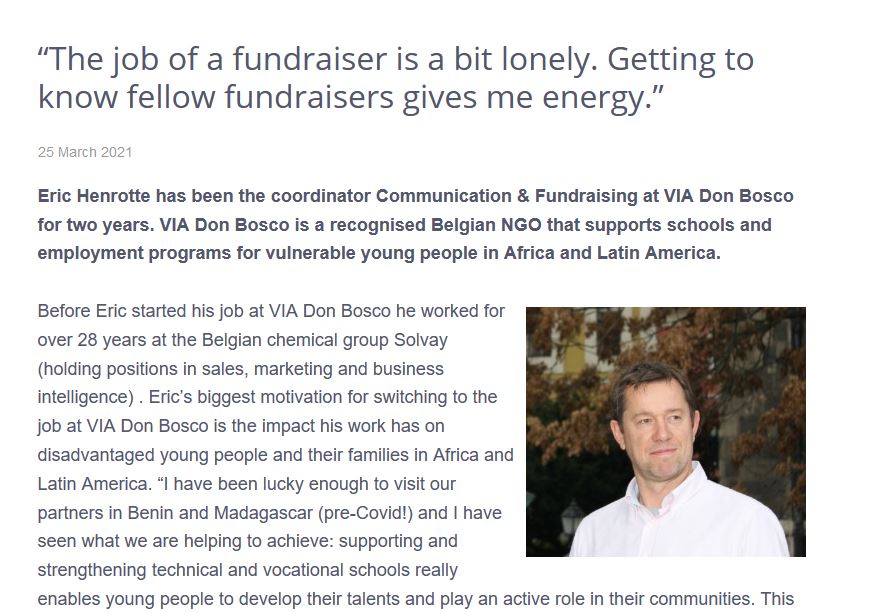 Fundraisers Alliance Belgium (@fundraisers_be) on Twitter photo "The job of a fundraiser is a bit lonely." - Eric Henrotte
(coordinator communication & fundraising for <a href="/VIADonBosco/">VIA Don Bosco</a> ). bit.ly/3wmkOpY
#fundraising #fabmemberinthepicture "The job of a fundraiser is a bit lonely." - Eric Henrotte
(coordinator communication & fundraising for <a href="/VIADonBosco/">VIA Don Bosco</a> ). bit.ly/3wmkOpY
#fundraising #fabmemberinthepicture