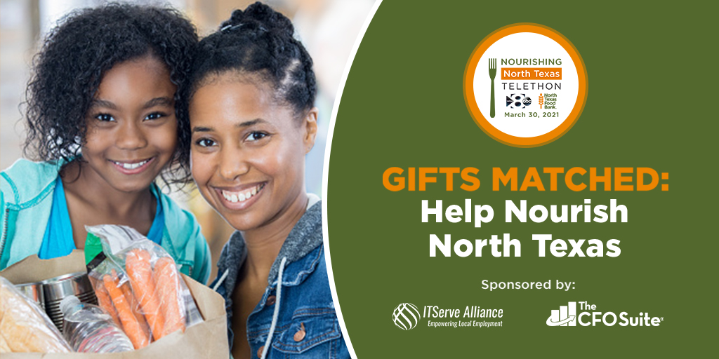 ntfb's tweet photo. Today is the Nourishing North Texas Telethon! We’re teaming up with @wfaa to support our community. Thanks to our friends at ITServe Alliance and The CFO Suite, your gift right now is matched – up to $50,000 to help TWICE as many neighbors. Give now at https://t.co/GJ6GV77TFG https://t.co/QcnEaX4Unj