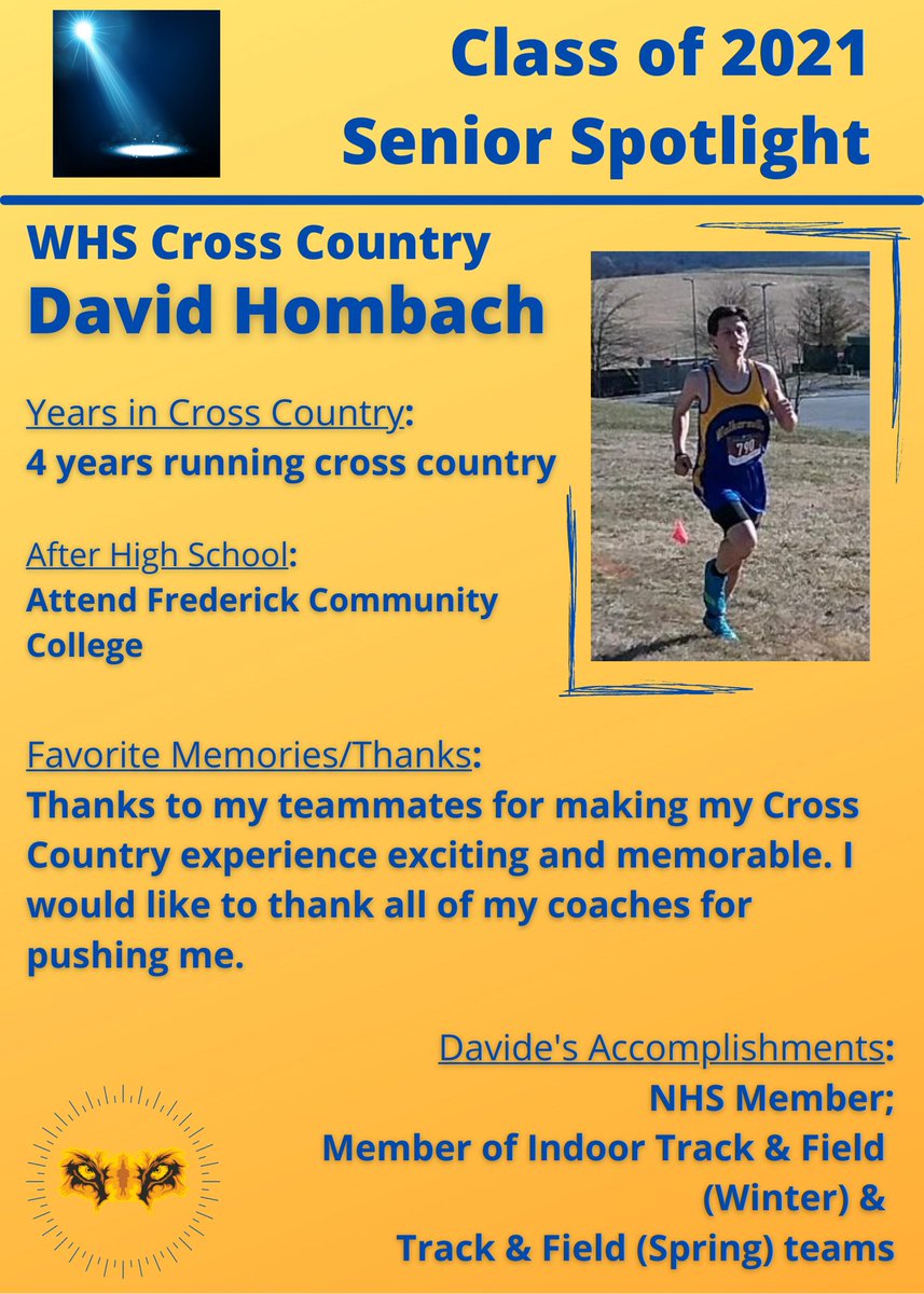 BoostersWHS's tweet photo. CLASS OF 2021 SENIOR SPOTLIGHT: DAVID HOMBACH

David ran cross country 4 years. He is also on the Indoor T&amp;F and T&amp;F teams. He's an @WalkersvilleNHS member.

Congrats on your high school athletic career &amp; all the best at @FrederickCC 

💙🦁💛👟
@CoachHombach @lions_xc_track https://t.co/uekoWFcf7v