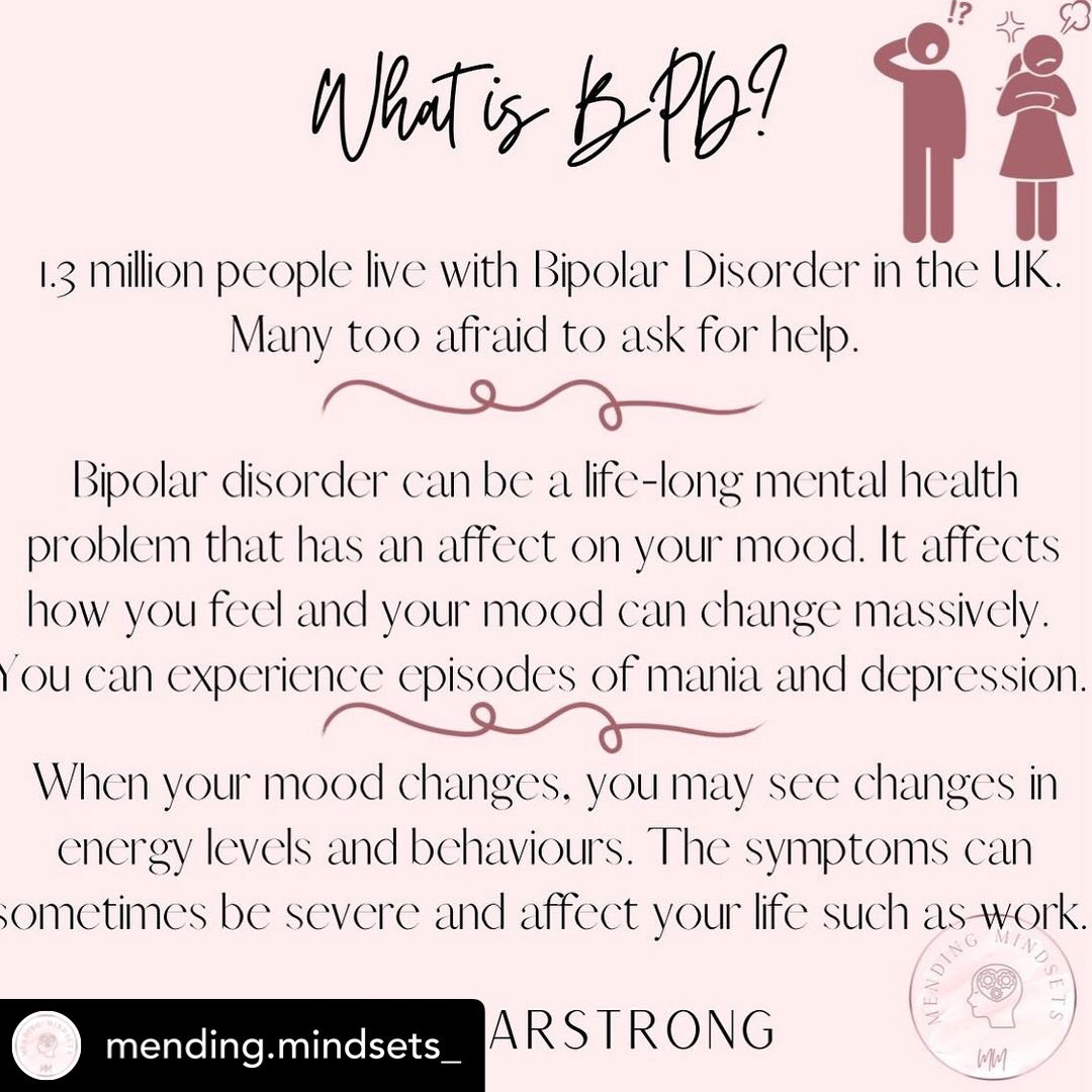 Today is a day to bring world awareness to bipolar disorders & eliminate the stigma that surrounds them. Bipolar disorder can be a lifelong mental health problem & so many people suffer with it but are too afraid to speak up.
#bipolarstrong #worldbipolarday 📸@MendingMindsets