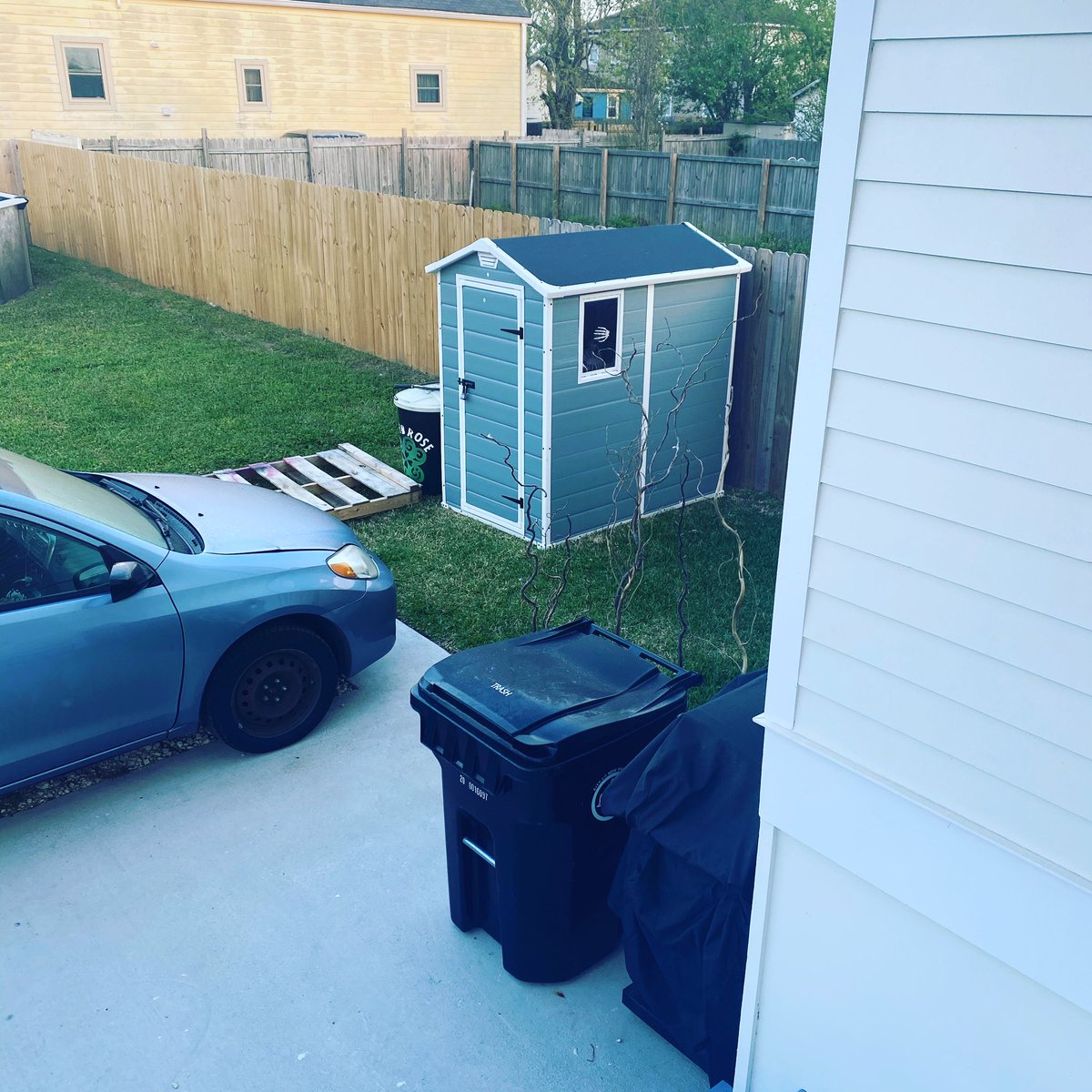 tjgray2's tweet photo. I got up early this AM and decided enjoying a cup of coffee on my porch needed to happen. Enjoying the peace, I glanced at our shed and saw a hand in the window! What!!?!?!?? I simply freaked out to only realize it’s our skeleton decor. 🤪 ##skeletons #NewOrleans #morningjoe https://t.co/Woz29Hnko0