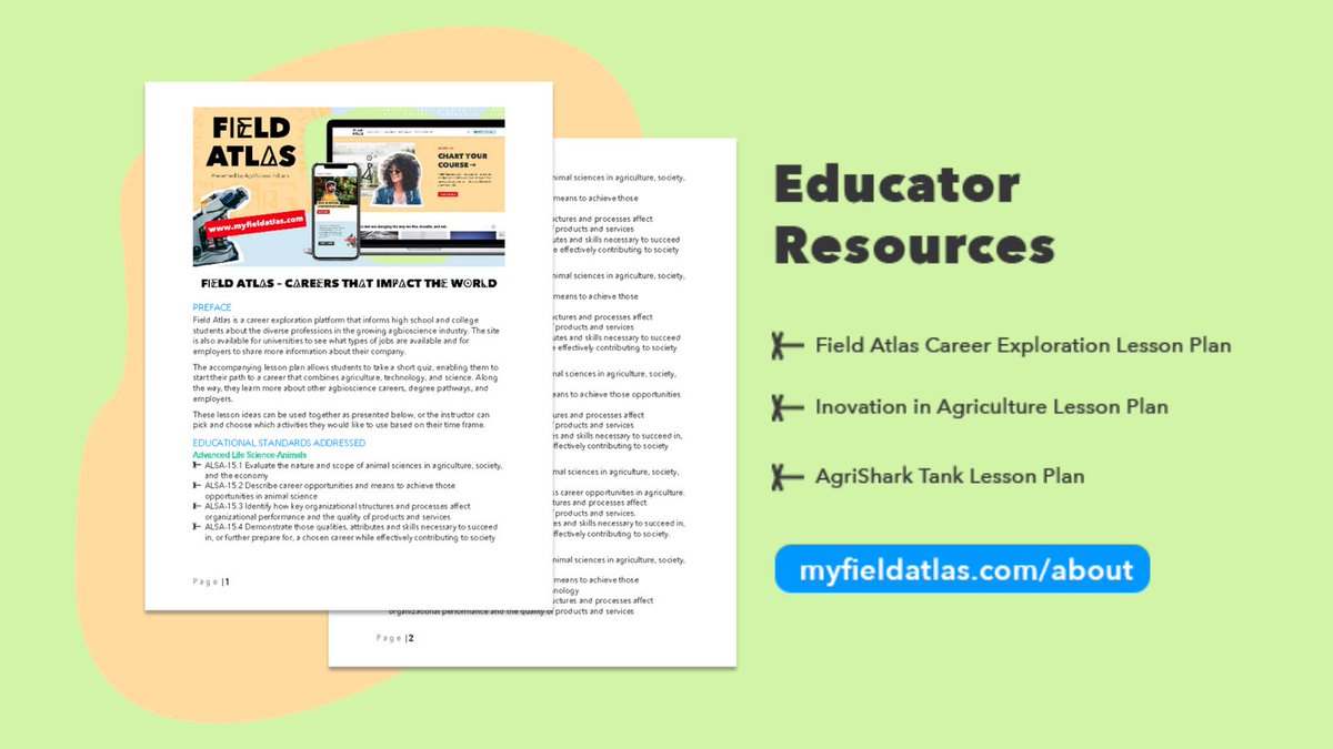 Calling all educators! 🔊🔊🔊

Bring #FieldAtlas to your classroom with one of our lesson plans designed to help your students explore careers that will impact the world.

Learn more and download yours at: bit.ly/3a6CwDv

#ChartYourCourse #Agbioscience