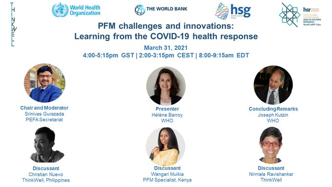 PFM innovations during times of #Covid19 will be discussed during this #HSR2020 session. Tune in if you can. Excellent speakers and discussants. @HeleneBarroy @WangariKM @NRavishankar77 @JoeKutzin @srinivasiaas @WHO @WBG_Health @H_S_Global @ThinkWellGlobal