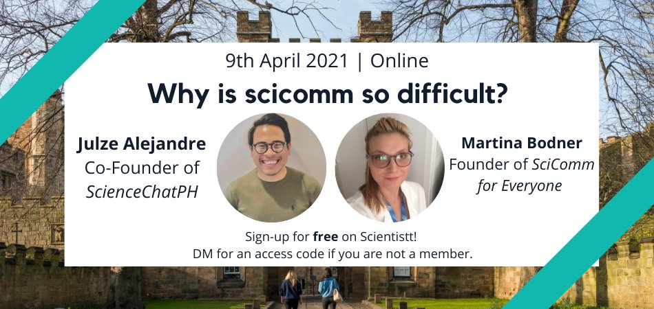 Scientistt (@_scientistt) on Twitter photo Want to attend a free #scicomm event?
Join us on Friday 9th April for an interactive panel discussion with <a href="/JulzeAlejandre/">Julze Alejandre @julzealejandre.bsky.social</a> & <a href="/martinabodner/">dr. Martina Bodner</a>.
We'll be talking about difficulties and solutions, hosting live polls and answering your questions!
Sign up: scientistt.net/event/why-is-s… Want to attend a free #scicomm event?
Join us on Friday 9th April for an interactive panel discussion with <a href="/JulzeAlejandre/">Julze Alejandre @julzealejandre.bsky.social</a> & <a href="/martinabodner/">dr. Martina Bodner</a>.
We'll be talking about difficulties and solutions, hosting live polls and answering your questions!
Sign up: scientistt.net/event/why-is-s…