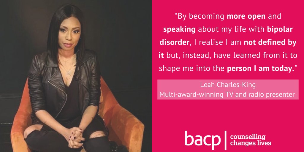 BACP's tweet photo. Multi-award-winning TV and radio presenter @leahcharlesking shares her story in the latest "It changed my life" column - ‘Therapy gave me a greater sense of purpose’.

Read more here ➡️ https://t.co/C9Y9xSNBlw

#WorldBipolarDay #WorldBipolarDay2021 https://t.co/hNRwu1UKTW
