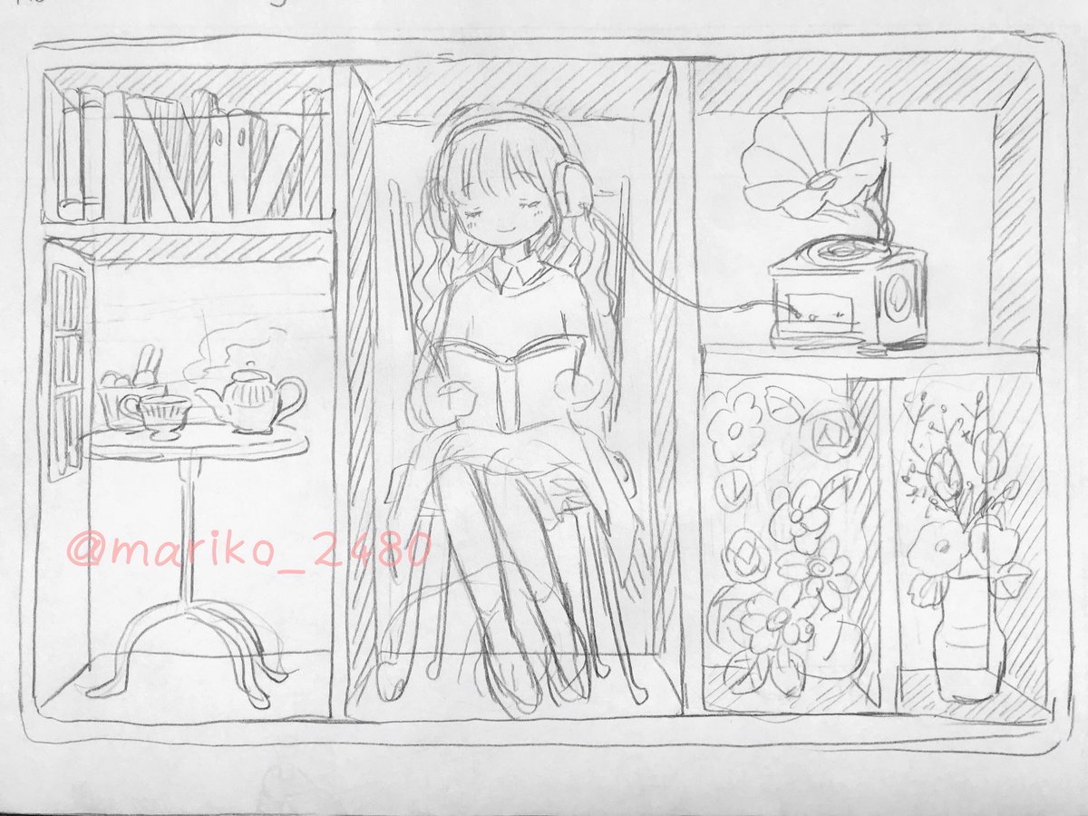 ROOM BOXというシリーズで描いたラフです?
画像1枚目から順番に、
ヒーリングタイム、バスルーム、デート
になります。
部分的にまだ全然定まってないラフで見にくくてすみません…! 