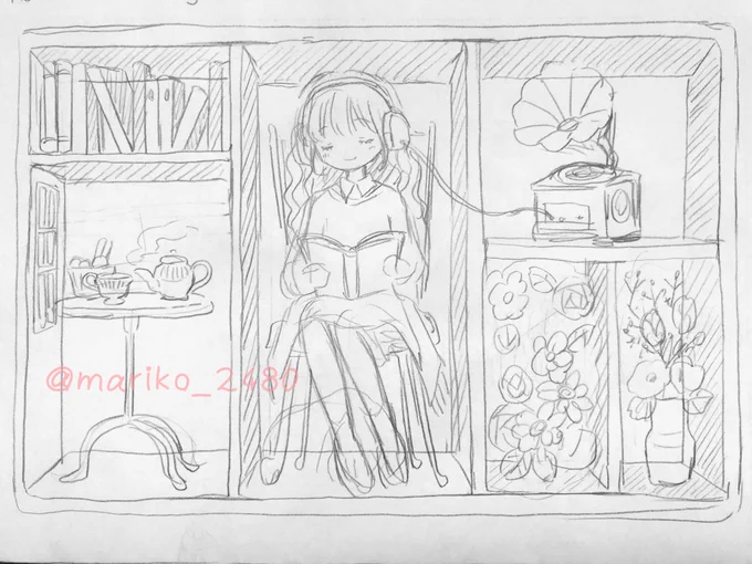 ROOM BOXというシリーズで描いたラフです?
画像1枚目から順番に、
ヒーリングタイム、バスルーム、デート
になります。
部分的にまだ全然定まってないラフで見にくくてすみません…! 