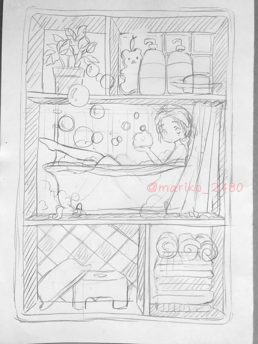 ROOM BOXというシリーズで描いたラフです?
画像1枚目から順番に、
ヒーリングタイム、バスルーム、デート
になります。
部分的にまだ全然定まってないラフで見にくくてすみません…! 