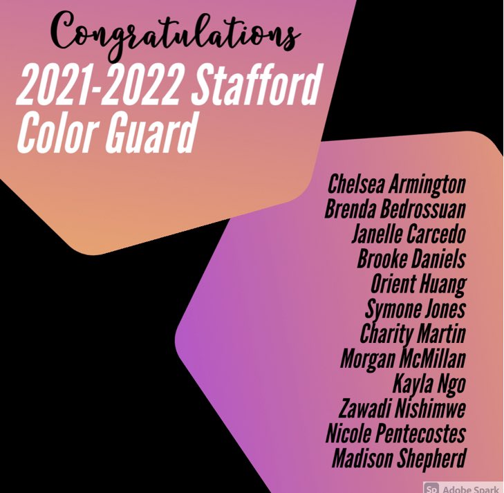 Congratulations to the students that made the 2021-2022 Stafford High School Color Guard. <a href="/SMSDHigh/">Stafford High School</a> <a href="/StaffordMSD/">Stafford MSD</a> <a href="/stafford_band/">Stafford High School Band Boosters</a>