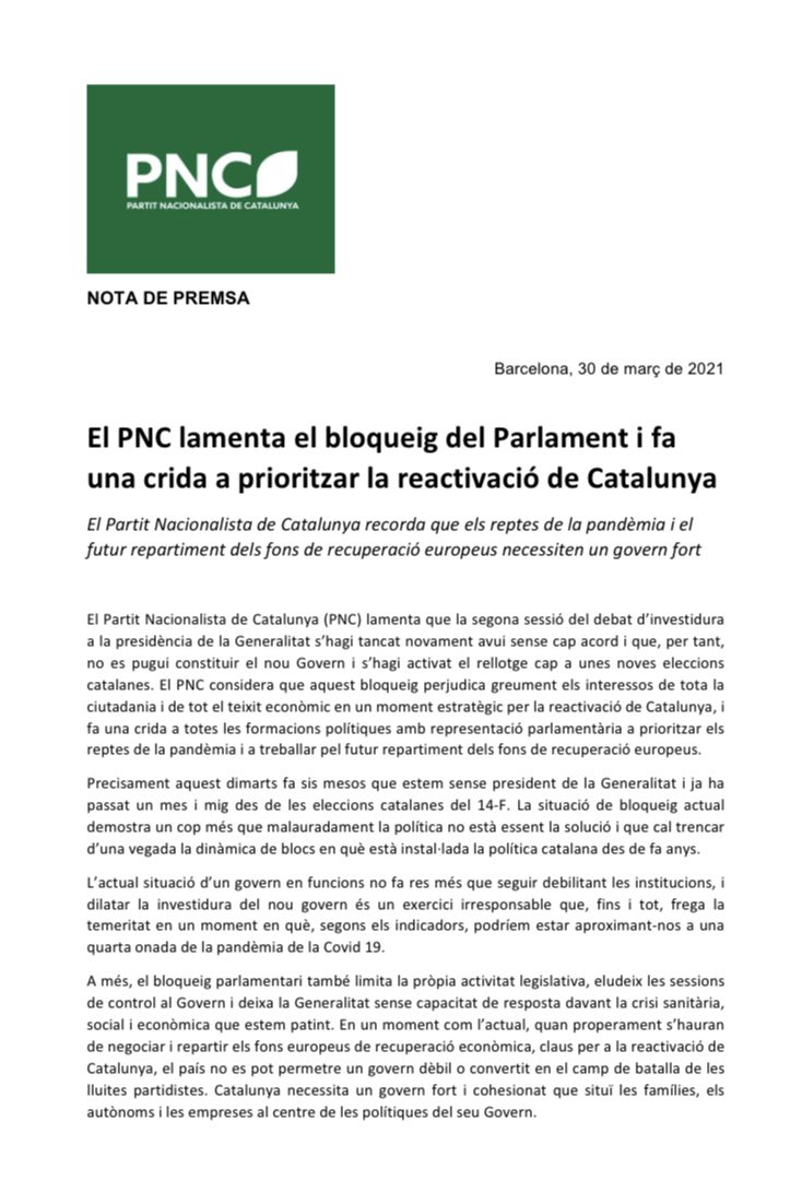‼️ El PNC lamenta el bloqueig del Parlament i fa una crida a prioritzar la reactivació de Catalunya

📣 Dilatar la investidura del nou govern és un exercici irresponsable en un moment en què, segons els indicadors, podríem estar aproximant-nos a una quarta onada de la pandèmia
⤵️