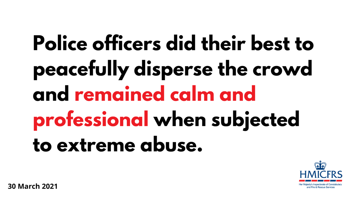HMICFRS's tweet photo. Through our inspection, we found that @metpoliceuk officers were subject to extreme and abhorrent abuse during the events on Clapham Common. 
Read our report here: https://t.co/SDnnHmQ1AH 
#SarahEverardVigil https://t.co/Xj9W0ID16t