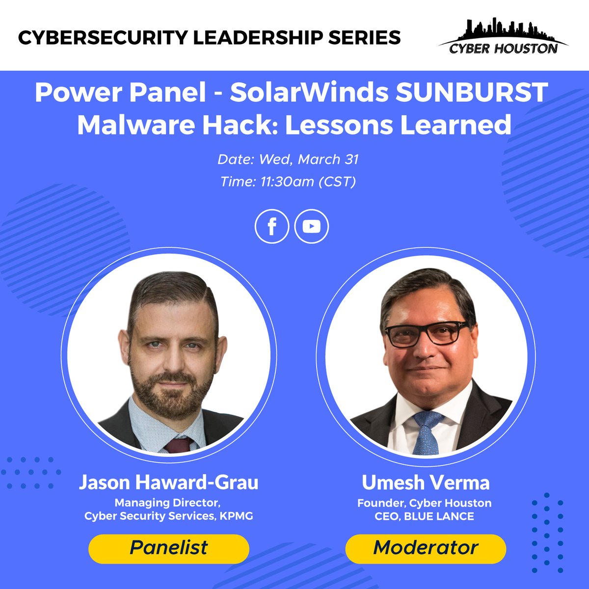 Join us March 31 @ 11:30am CT   
Live Power Panel-SolarWinds SUNBURST Malware Hack: Lessons Learned

Speaker <a href="/jasonhgrau/">Jason Haward-Grau</a>  &amp; Host <a href="/UmeshVermaNum1/">Umesh Verma</a> 

Register 4 free: ow.ly/Gp4S50E2KMN

Watch here 
ow.ly/kTaC50E2KMO

#cyberhouston  #cybersecurity #ransomware  #malware