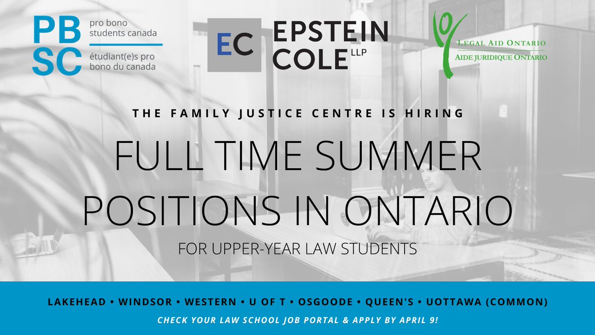 PBSCQueens's tweet photo. PBSC's new Family Justice Centre is hiring 8 full-time summer students! FJC students conduct client intake, administer virtual legal clinics, draft court documents for clients (with lawyer supervision), and prepare PLE resources. Apps due April 9! See the CSM for full job posting https://t.co/cjZ0RKR9PN