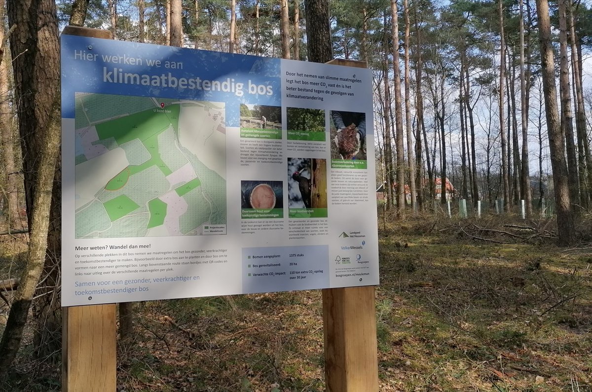 Op landgoed #HetMeuleman hebben we afgelopen jaar samen met <a href="/FSCNL/">FSC Nederland</a> en <a href="/Bosgroepen/">Bosgroepen</a> maatregelen genomen tbv klimaatslim bosbeheer. Met het plaatsen van een #klimaatbord zijn de maatregelen nu voltooid. #ookditisvolkerwessels Nieuwsbericht: bit.ly/3dfMtjG