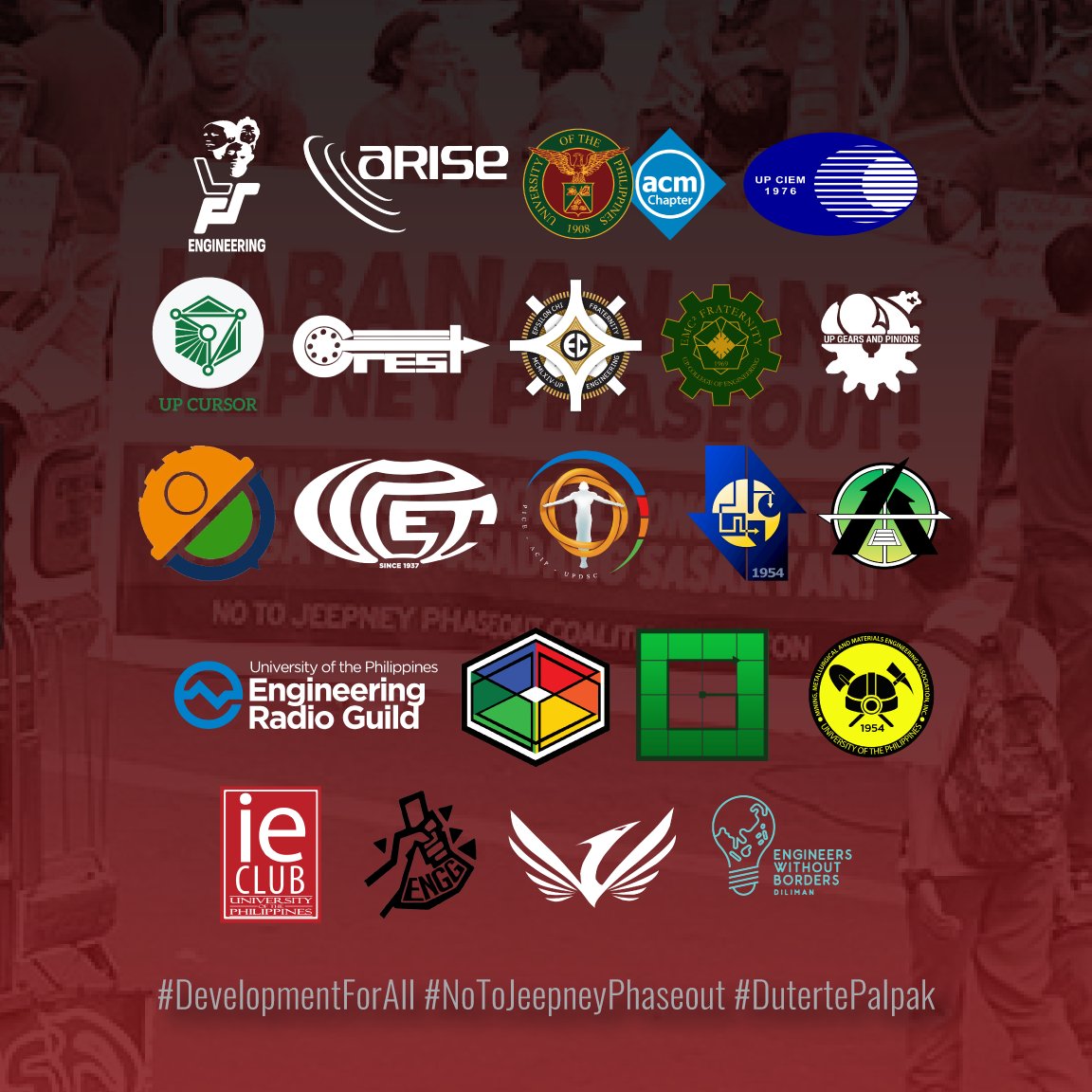 #DevelopmentForAll: Unity Statement of UPD College of Engineering Community in solidarity with jeepney drivers and the transportation sector in light of the March 31, 2021 deadline for franchise consolidation.

View full unity statement here:
facebook.com/esc.upd/posts/…