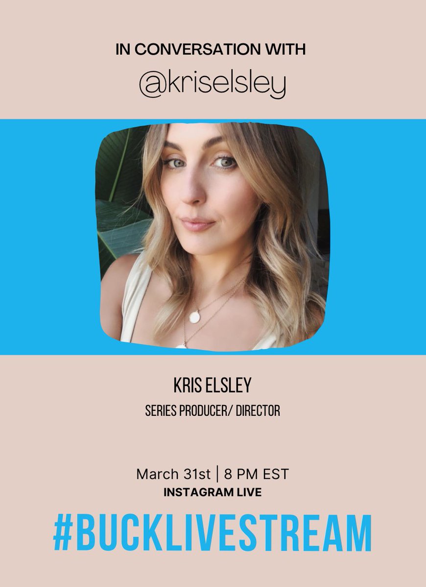 BuckProductions's tweet photo. V thrilled for our next guest to the 6th #BuckLivestream, everyone please welcome Series Producer/Director Kris Elsley!
.
.
Tomorrow night on #instagramlive at 8PM EST!
.
#livestream #buckproductions #thebokehcollective #film #unscripted #producerlife #directorlife #writerlife https://t.co/xpaMioPXiv