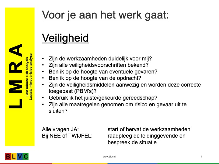 blvc_nl's tweet photo. Een Last Minute Risico Analyse (LMRA) helpt je om, vlak voordat je start met werken, na te gaan of je overal aan gedacht hebt. Wij maakten er één op het gebied van #BLVC⤵️Wil je er meer over lezen, of de LMRA downloaden als PDF, kijk dan hier: https://t.co/8qAdJisnv3 https://t.co/S7GKqPDvYx