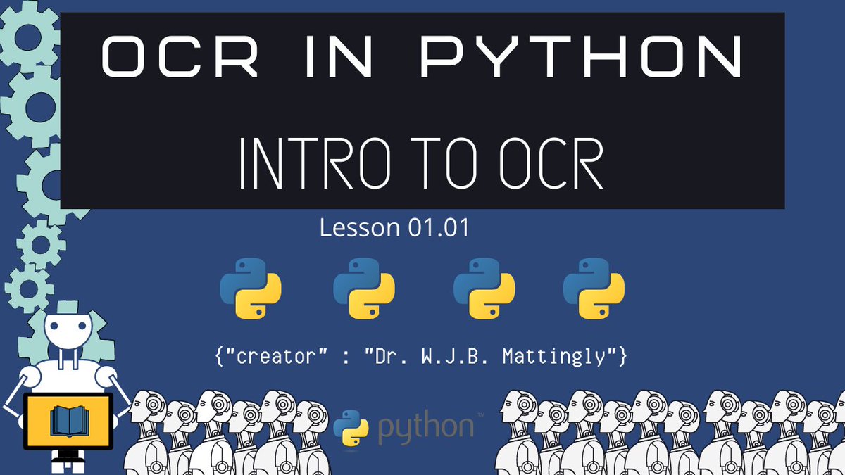 Finally starting my #OCR in #Python for #DigitalHumanities (#DH) series! We will be using Pillow, OpenCV, and Tesseract. We will work with multiple languages &amp; multiple types of documents.

Video: youtu.be/tQGgGY8mTP0