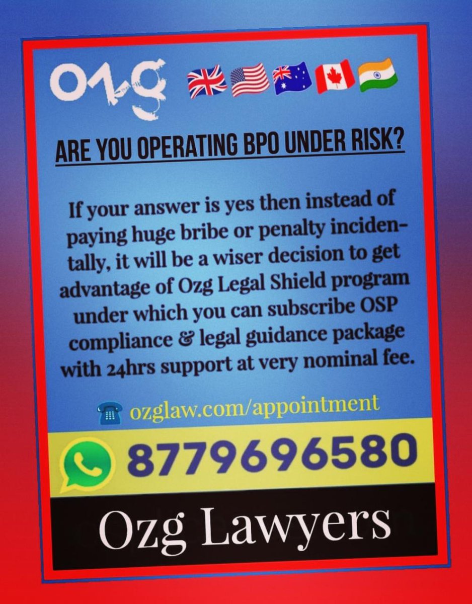 OzgLawThane's tweet photo. OSP Registration is not required!

📌 https://t.co/uo0rM6XwPi

Compliance solution for #OSP to avoid any incidental risk &amp; legal trouble. 

#WorkFromHome #OspLicense #OspCompliance #HotSite #Coworking #OzgLawyers #FoodDeliveryApp  #CyberSecurity #OspConsultant  #CallCenterSetup https://t.co/RDb8K0KCEc