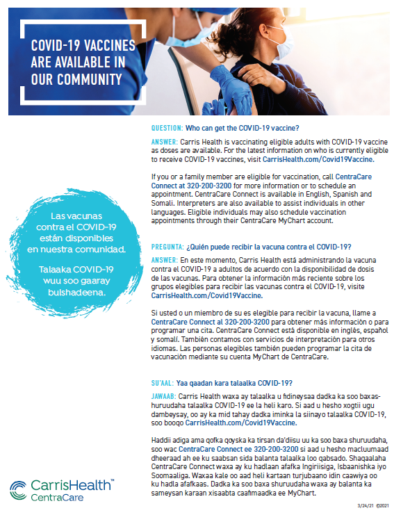 Covid-19 Vaccines are available in our community! See flyer for more information.