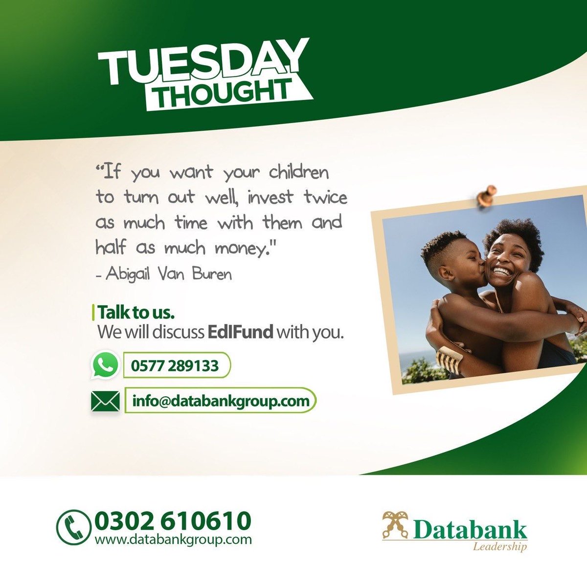 Databankgroupgh's tweet photo. #TuesdayThoughts
Do not leave your children out when it comes to investing. At Databank, we will assist you with EdIFund. https://t.co/IL3H1MpZ5x

#DatabankGroup #Edifund #Children 
https://t.co/lBwXVtGVBk https://t.co/Oz2IYVHAUT
