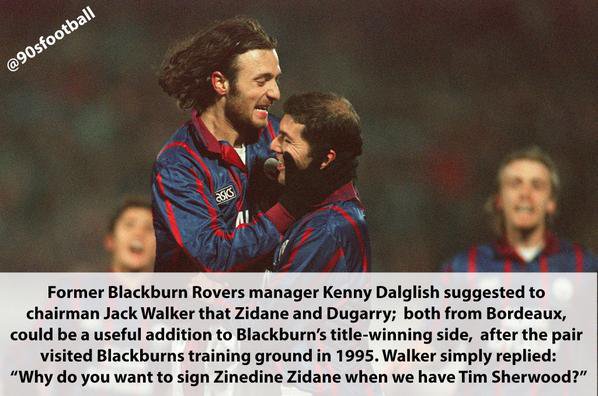 90sfootball's tweet photo. When Blackburn Rovers turned down the chance to sign Zinedine Zidane and Christophe Dugarry in 1995... https://t.co/22T00QzbJ3