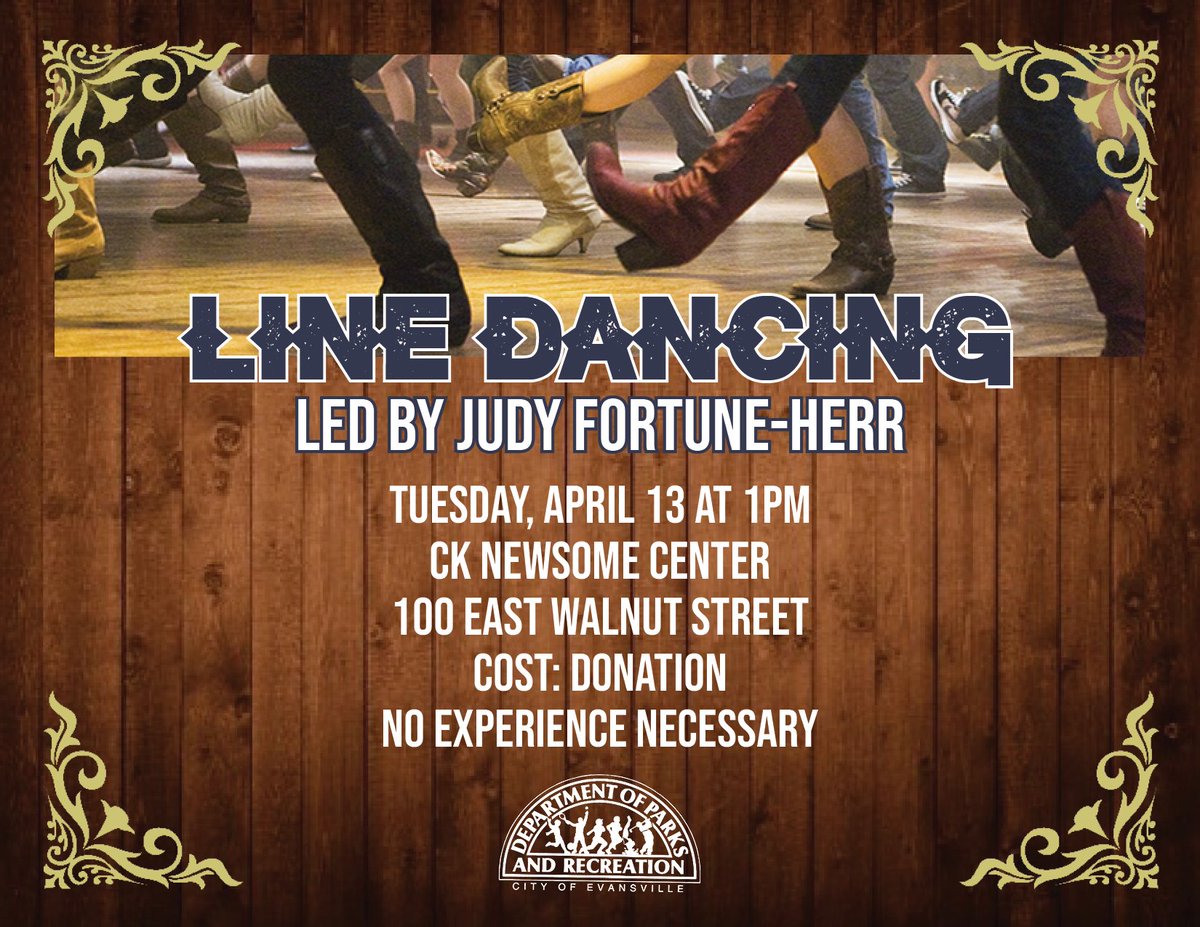 Put on your dancing shoes and join us for a hootin' good time! You won't need a partner or any experience to attend our line dancing event at the CK Newsome Center on April 13th at 1pm.

#dance #dancing #linedancing #getyourgrooveon #evvparksandrec