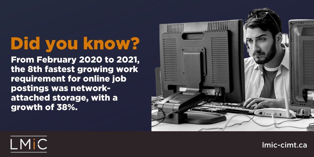 LMIC_CIMT's tweet photo. From February 2020 to 2021, the 8th fastest growing work requirement for online job postings was network-attached storage, with a growth of 38%.
Find out more about #workrequirement, skill and occupation trends in our online #jobpostings dashboard. https://t.co/xQLhQ2984L https://t.co/BasYiK13eL