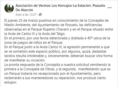 Somos_Pozuelo's tweet photo. No es la primera vez que nos encontramos con que el gobierno del PP de Quislant tarda meses en solucionar los problemas de #Pozuelo En este caso es el vergonzoso estado del parque en la calle Ruperto Chavarri como dice la AAVV de Los Horcajos. 
¿Cuánto tardarán esta vez? 👇🤦‍♀️ https://t.co/k8Opu6zRFl