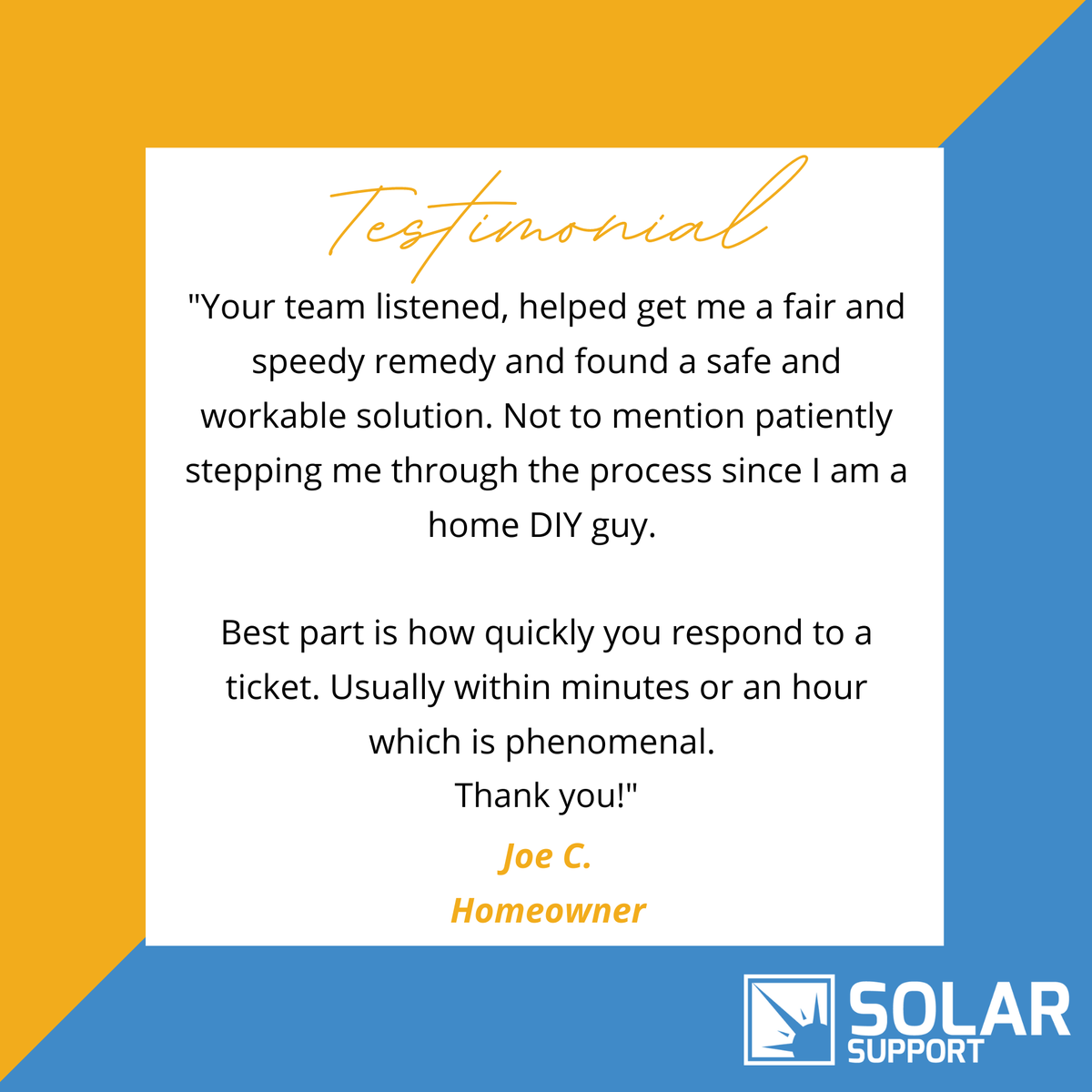 SolarSupportMe's tweet photo. From our technical service line to industry portal inquiries, Solar Support works hard to help solar PV technicians everywhere. Quick response time is critical, so we’re always appreciative of positive feedback from clients like Joe! #TestimonialTuesday https://t.co/WYmsKL4iie