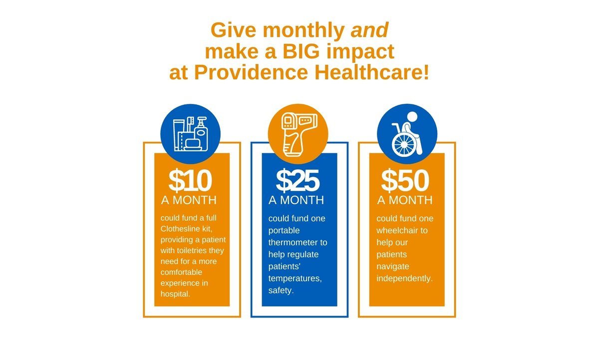 #ProvidenceHealthcareTO has a monthly donor program! Monthly gifts allow us to consistently meet the needs of our patients and residents.

Learn how your monthly donation over the course of one year can make a BIG impact: bit.ly/PHFMonthlyGivi…