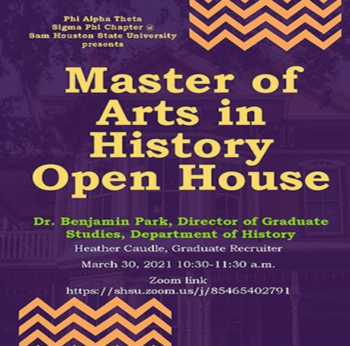 PATSHSU's tweet image. Join us today at 10:30 for a "Master of Arts in History Graduate School Open House" program featuring Ms. Heather Caudle and Dr. Benjamin Park. @gs_shsu @SHSU_CHSS
