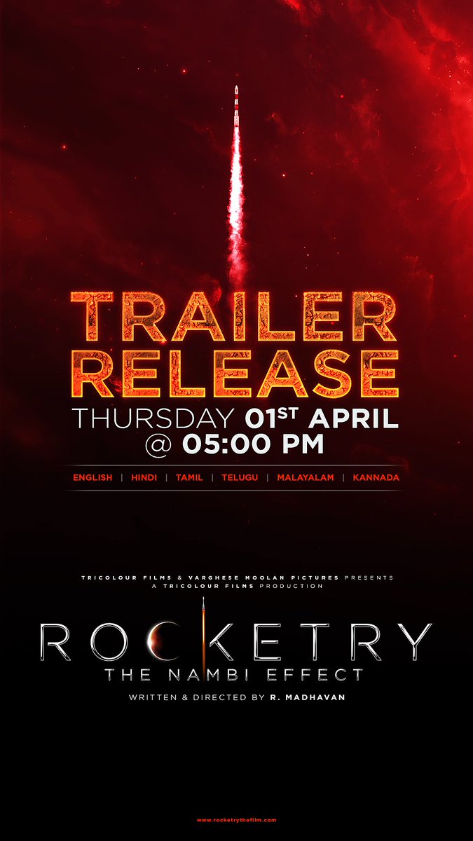 MovieZine_'s tweet photo. #RocketrytheNambieffect starring #Rmadhavan trailer going to Release on 1st April at 5:00 Pm.
#Rocketry Will Release in Five languages #English #Hindi #Tamil #Telugu #Malyalam #Kannada https://t.co/T2W8HRJsfd